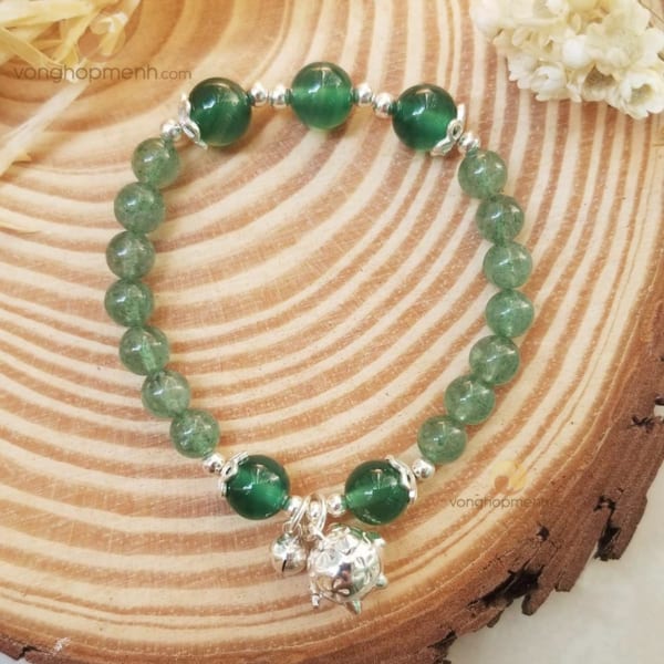 Vòng Tay TDX4683 (Thạch anh dâu tây xanh mix charm heo may mắn, lục lạc Bạc 925)