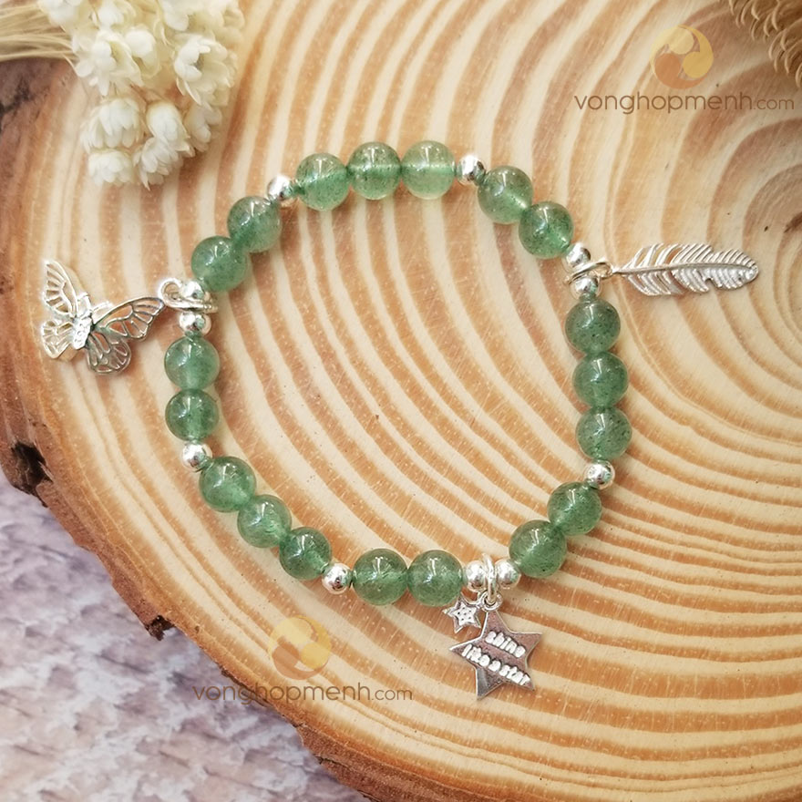 Vòng Tay TDX4721 (Thạch anh dâu tây xanh mix Charm bướm, lông vũ, ngôi sao Bạc 925)