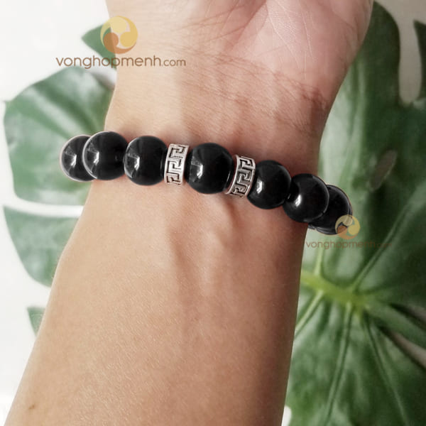 Vòng Tay MNN5157 (Mã Não Đen 12 ly mix charm chữ Vạn bạc thái S925)