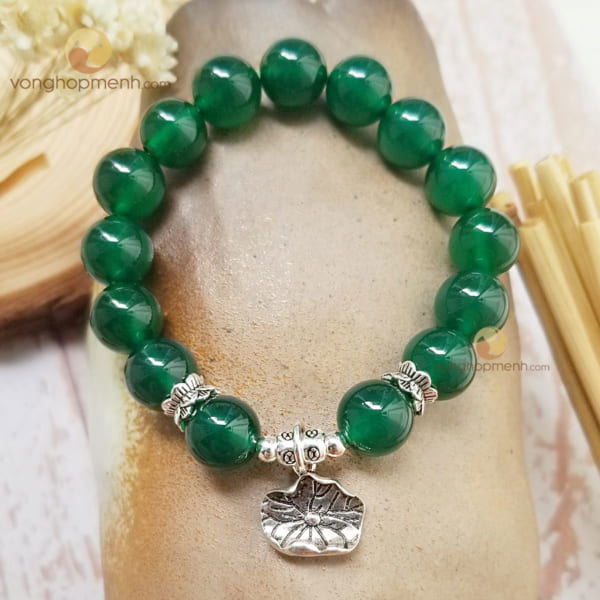 Vòng Tay MNX5372 (Mã Não Xanh 12 ly mix charm Đài Sen và Lá Sen bạc thái 925)