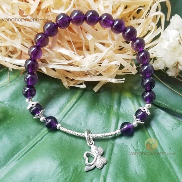 Vòng tay TAT4964 (Thạch Anh Tím Đậm 6 ly mix charm Cỏ 3 lá Bạc S925)