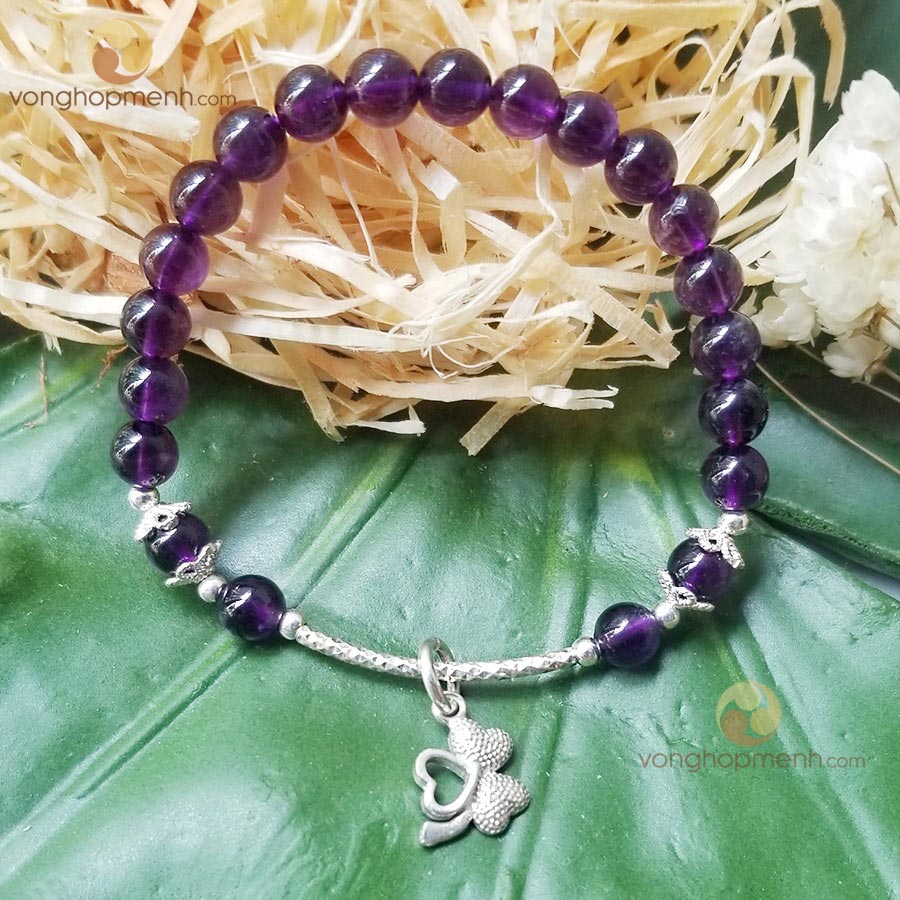 Vòng tay TAT4964 (Thạch Anh Tím Đậm 6 ly mix charm Cỏ 3 lá Bạc S925)