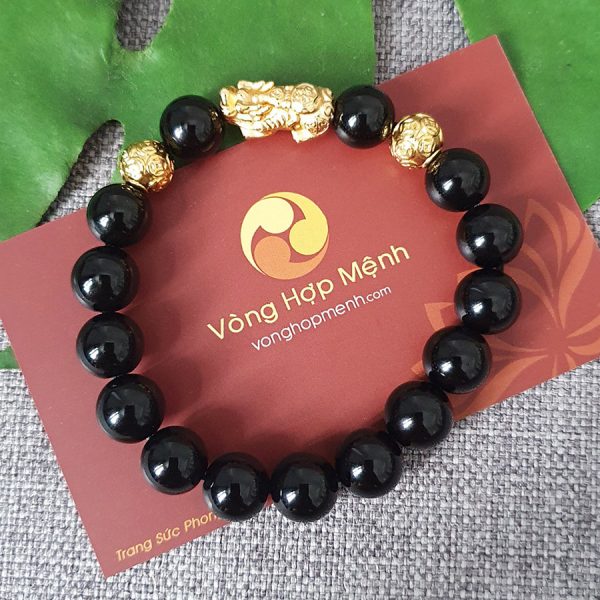 Vòng Tay Đá Mã Não Đen 10 ly mix Châu Kim Tiền, Tỳ Hưu Bạc mạ Vàng - vonghopmenh