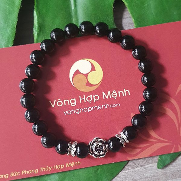 Vòng tay Đá mã não đen 6 ly mix charm Hoa Sen, Đài bạc 925 - vòng phong thủy vonghopmenh