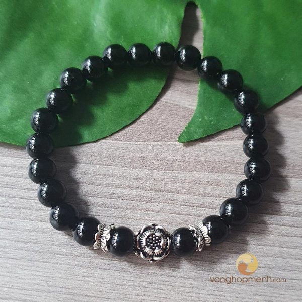 Vòng mã não đen 6 ly mix charm Hoa Sen, Đài bạc 925 - vòng tay phong thủy