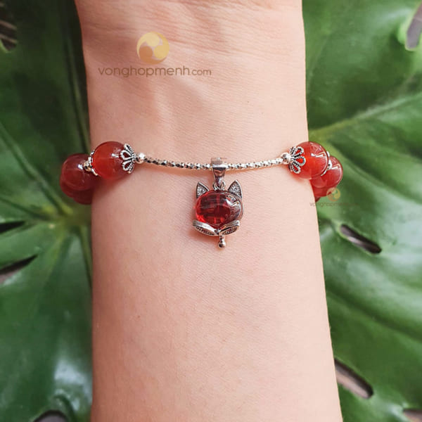 Vòng Đá mã não đỏ 8 ly mix Hồ ly bạc 925 - vòng tay phong thủy cho nữ mệnh Thổ và Hỏa
