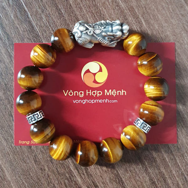 Vòng tay Đá mắt hổ nâu vàng 12 ly mix Tỳ Hưu, chữ Vạn bạc 925 - vòng phong thủy cho nam mệnh Kim