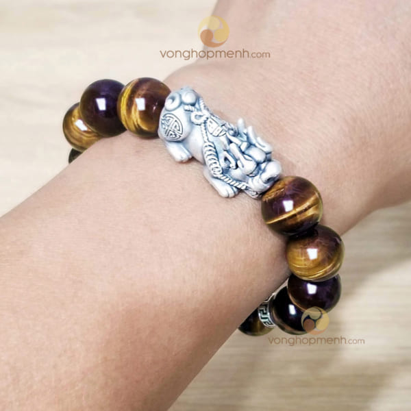 Vòng mắt hổ nâu vàng 12 ly mix Tỳ Hưu, chữ Vạn bạc 925 - vong tay phong thuy cho nam
