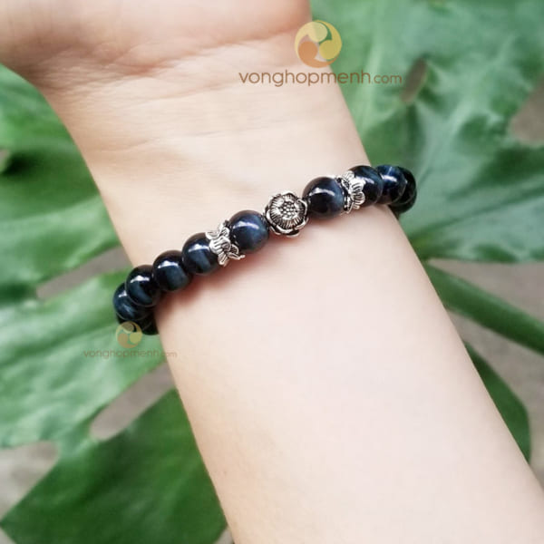 Vòng Đá mắt hổ xanh đen 8 ly mix charm Đài và Hoa Sen bạc 925 - Vòng tay phong thủy