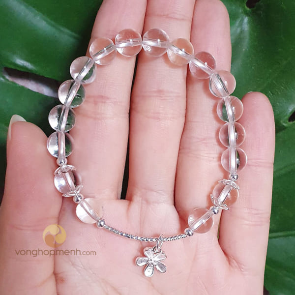 Vòng Đá thạch anh trắng 8 ly mix hoa Bạc 925 - vòng tay phong thủy