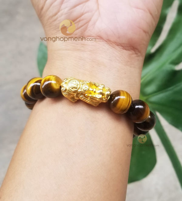 Vòng Mắt Hổ Vàng Nâu 12 ly mix Tỳ Hưu Bạc mạ Vàng - vòng đá phong thủy
